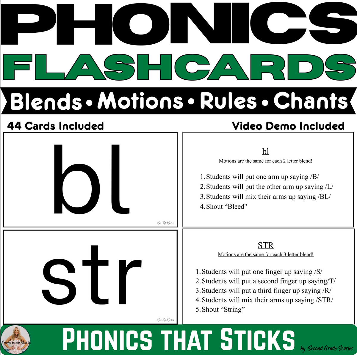 Phonics That Sticks™ |  Blends Flashcards with Movements & Chants | Initial, Final & Triple Blends