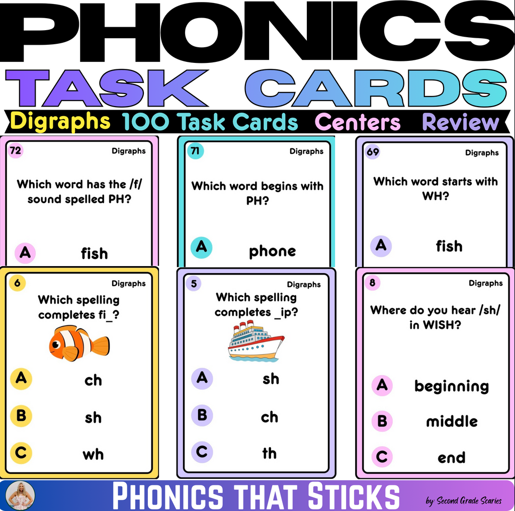 100 Phonics Digraph Task Cards | Phonics Practice & Review